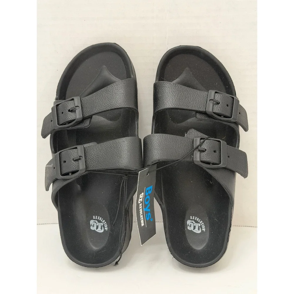 QT Revolution Boys Black Dual Strap Buckle Slide Sandals Size M 13/1 NEW‎